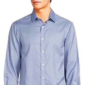 💙 Hart Schaffner Marx Blue Check Dress Shirt 17.5-35 Pima Cotton‎ Non-Iron